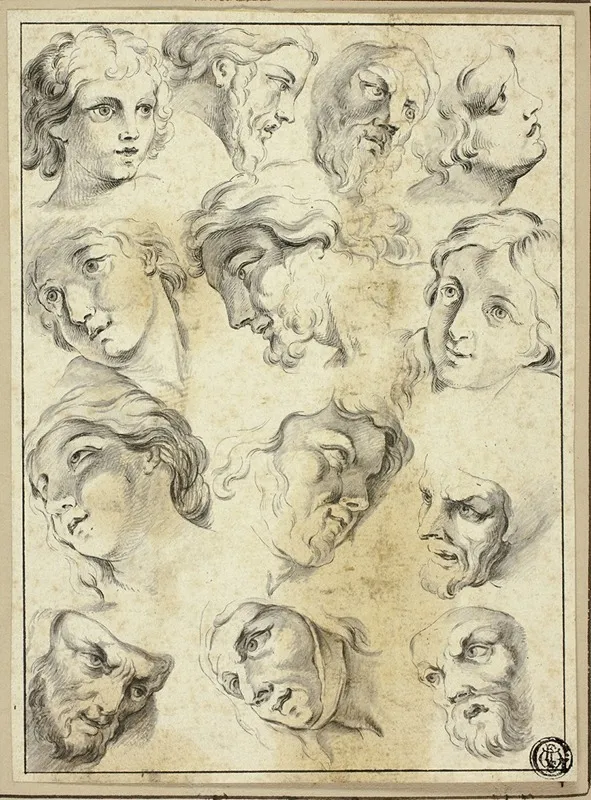 13 Sketches Of Various Faces Wall Art by After Abraham Bloemaert - High-Resolution Digital Print