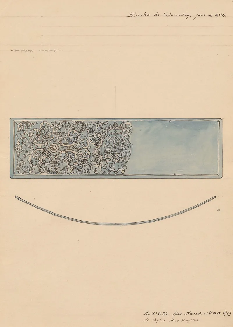 17th Century Metal Plate For A Cartridge Case In The Collection Of The National Museum In Warsaw In 1923 Front View With A Fragment Of The Pattern And Top View