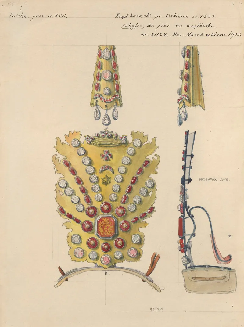 17th Century Szkofia Aigrette With Feathers On Hussar Horse Headstall Front View And Side View Of The Cross Section