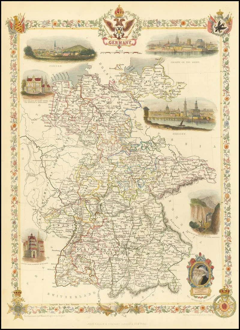 1851 Map Of Germany Excluding Most Of Austrian And Prussian Possessions Wall Art by John Tallis - High-Resolution Digital Print