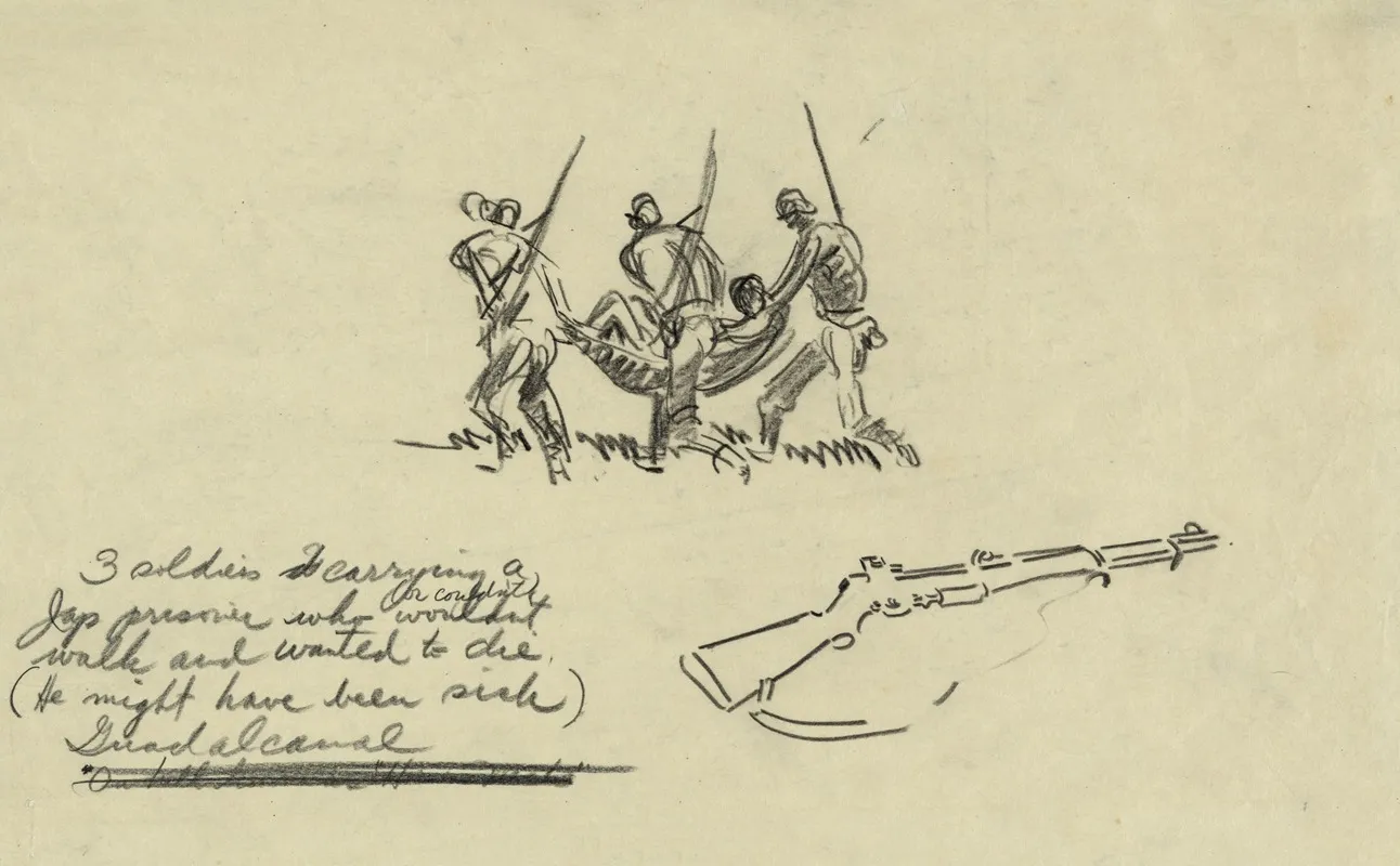 3 Soldiers Carrying A Japanese Prisoner Who Wouldnt Or Couldnt Walk And Wanted To Die Wall Art by Howard Brodie - High-Resolution Digital Print