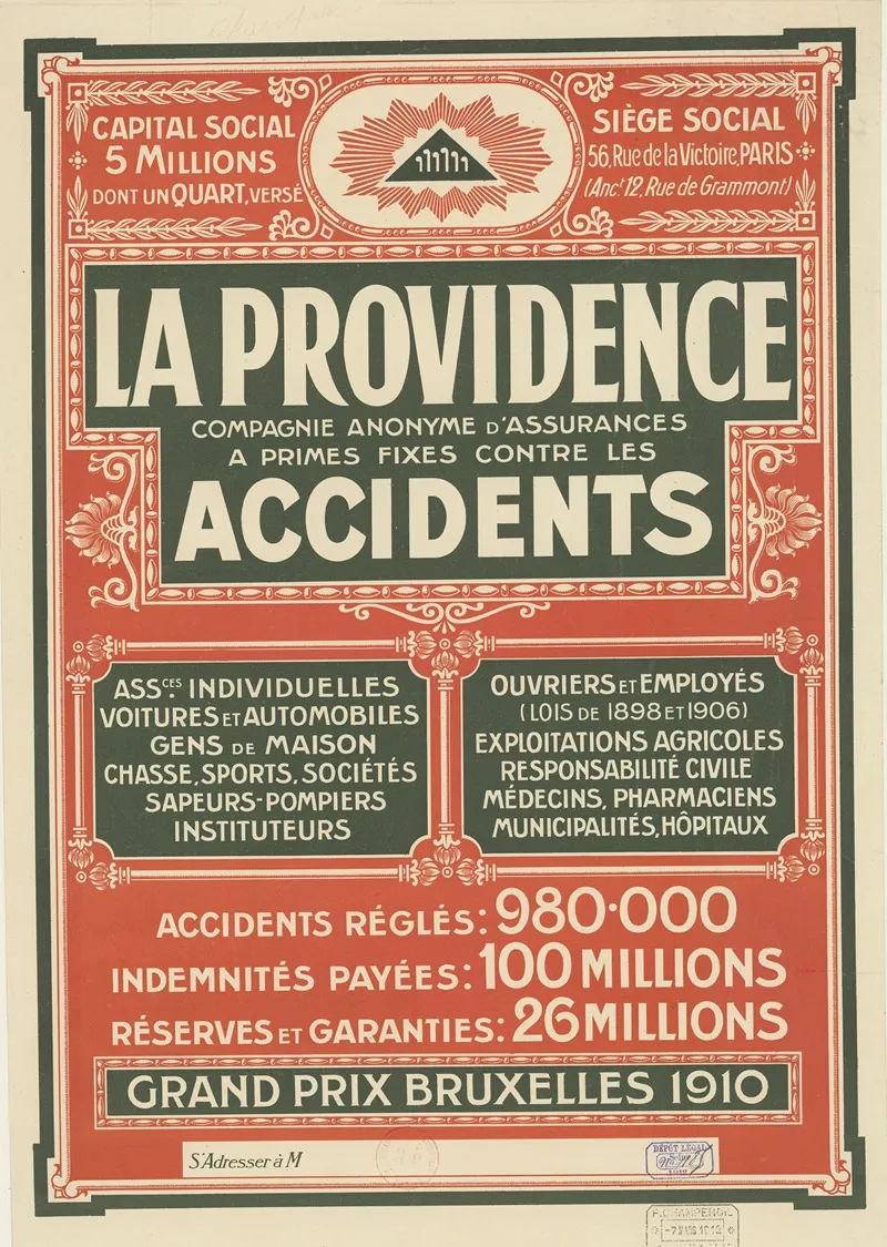 56 Rue De La Victoire Paris La Providence Compagnie Anonyme Dassurances A Primes Fixes Contre Les Accidents Wall Art by Imp. F. Champenois - High-Resolution Digital Print