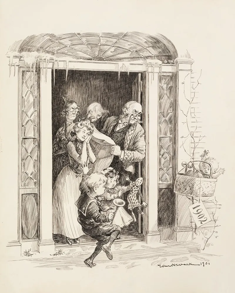 A Baby Representing The New Year Of 1902 Is Left On The Doorstep Of A House