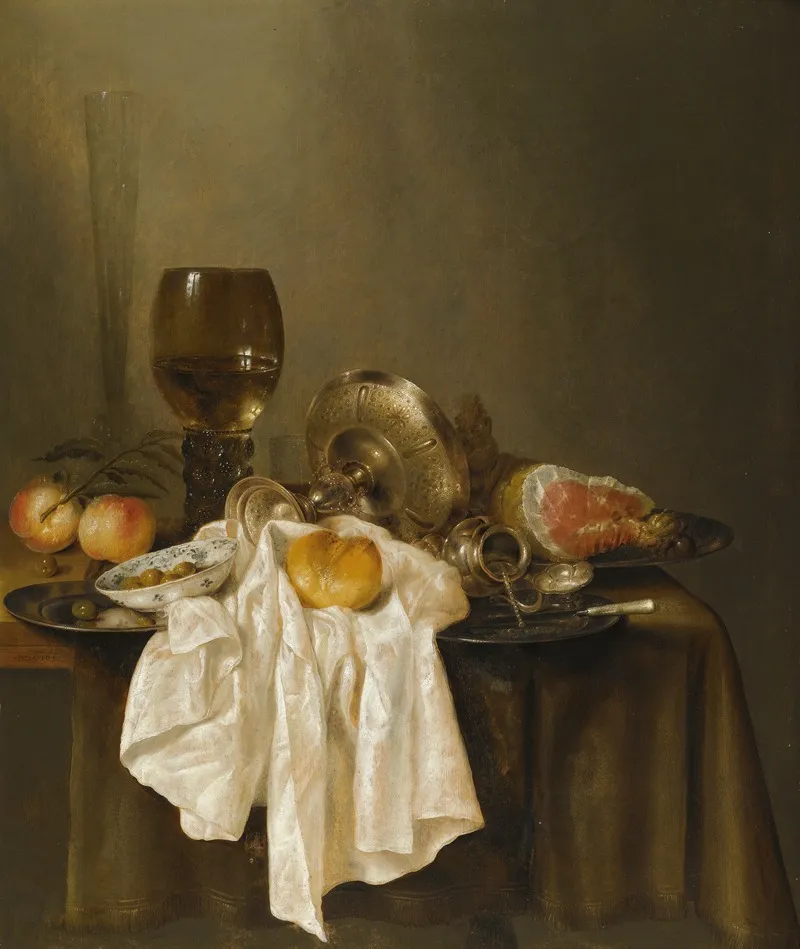 A Banketje Still Life With A Roemer A Silver Tazza On Its Side A Ham Peaches A Salt Cellar A Bread Roll And A White Cloth On A Partly Draped Table Wall Art by Willem Claesz Heda - High-Resolution Digital Print
