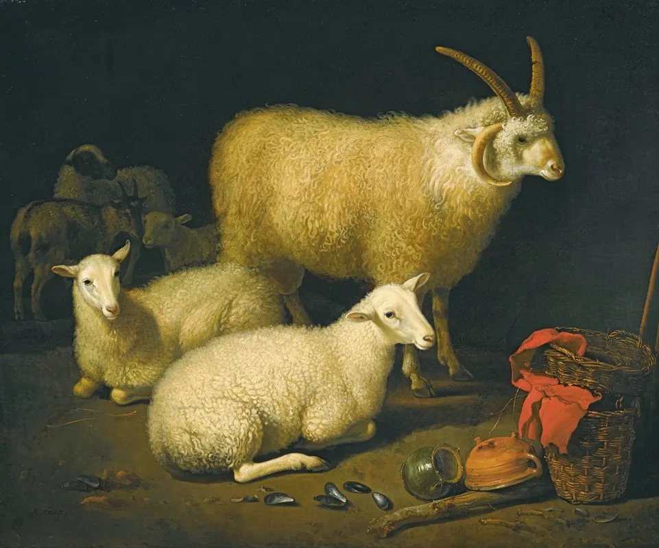 A Barn Interior With A Four Horned Ram And Four Ewes And A Goat With A Still Life Of A Basket And Upturned Pots To The Right Wall Art by Aelbert Cuyp - High-Resolution Digital Print