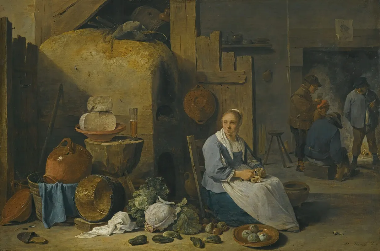 A Barn Interior With A Maid Preparing Vegetables Wall Art by David Teniers The Younger - High-Resolution Digital Print