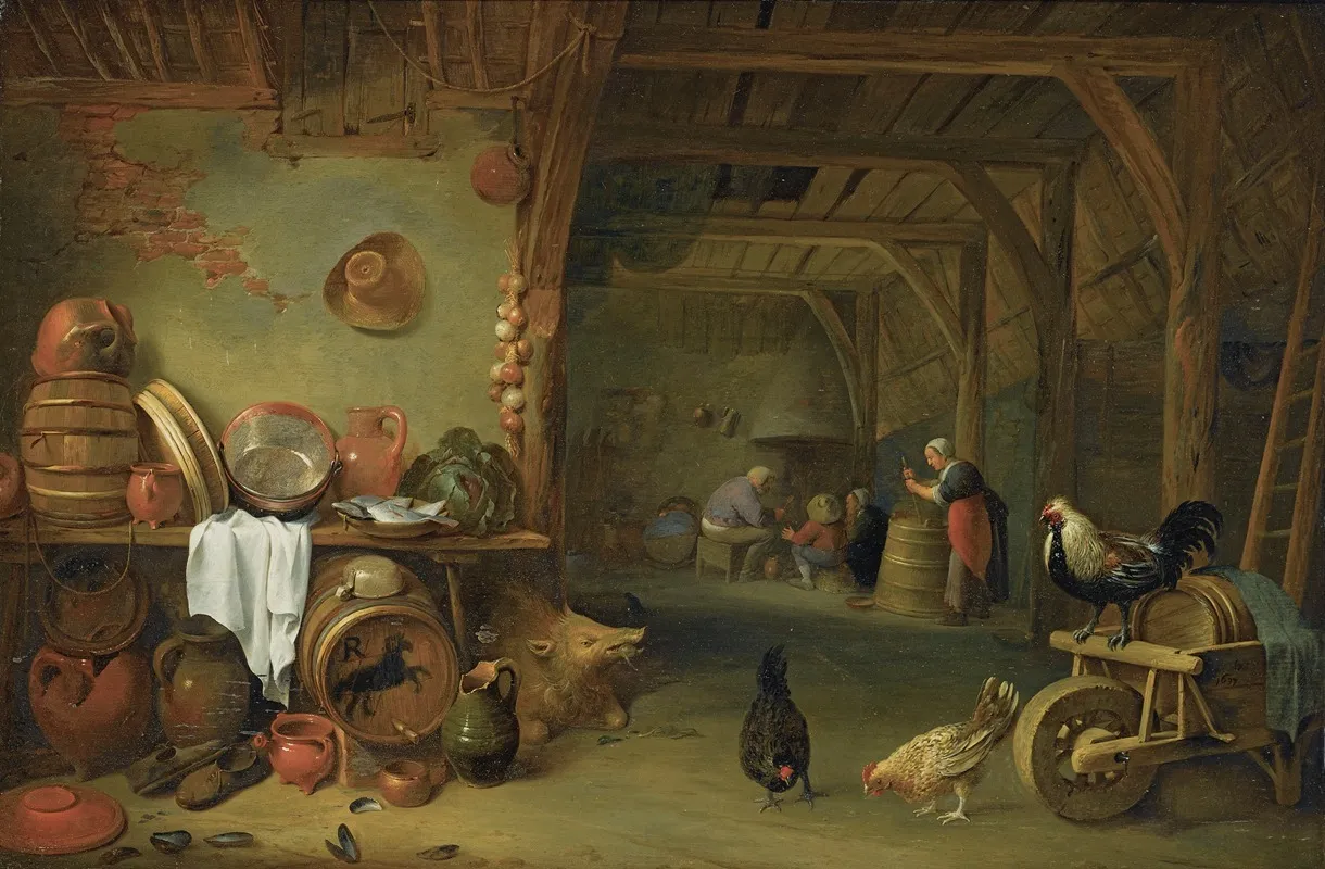A Barn Interior With A Still Life Of Fish On A Plate A Cabbage Earthenware And Copper Pots And Pans And Other Kitchen Utensils