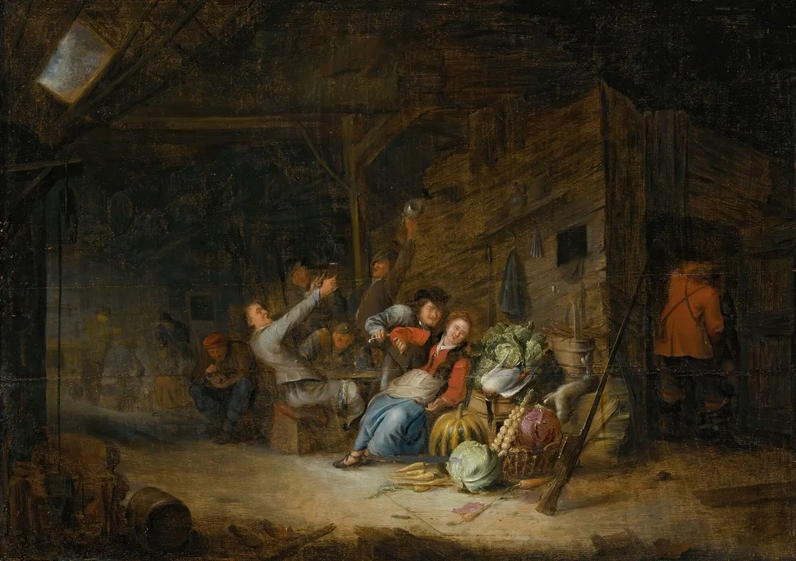 A Barn Interior With Figures Drinking Around A Table Wall Art by Gerrit Lundens - High-Resolution Digital Print