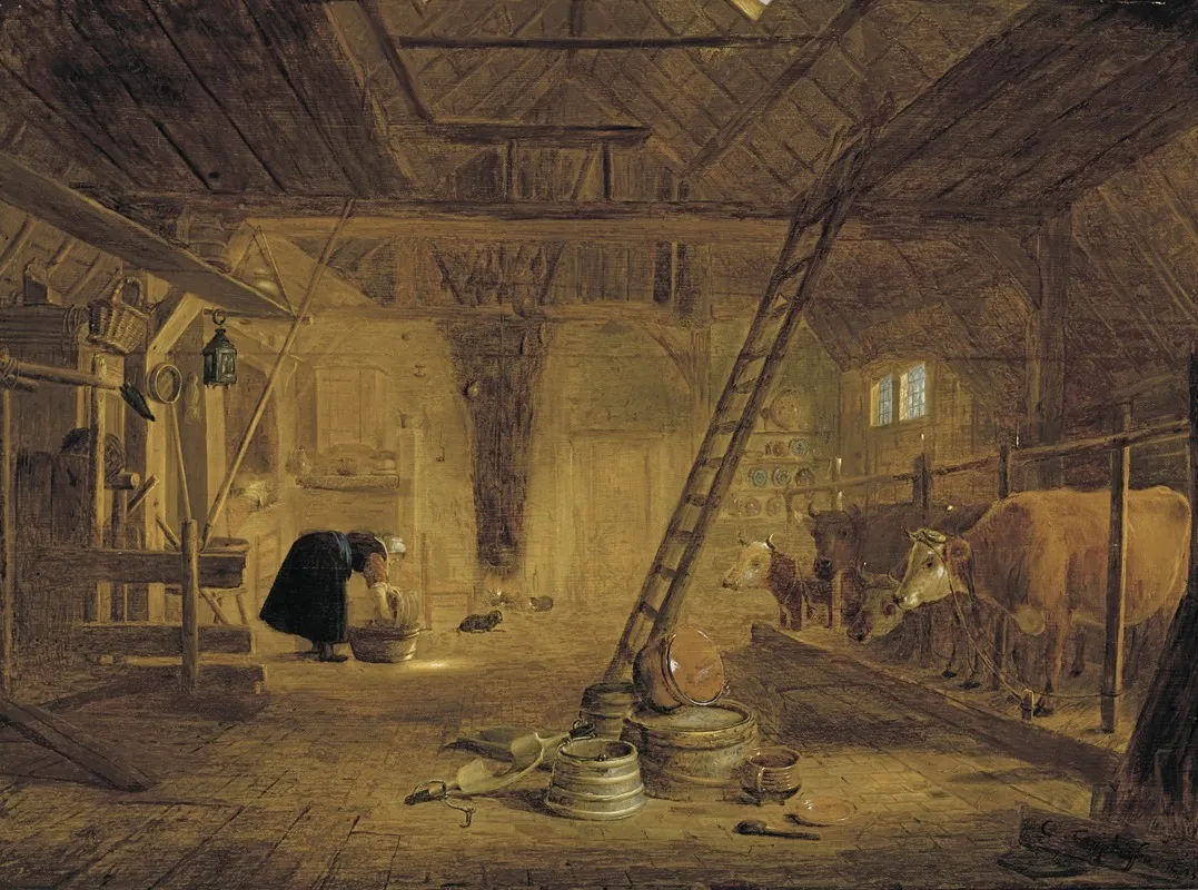A Barn Interior With Four Cows A Milk Maid Cleaning A Pot And Earthenware Pots In The Foreground Wall Art by Govert Dircksz Camphuysen - High-Resolution Digital Print