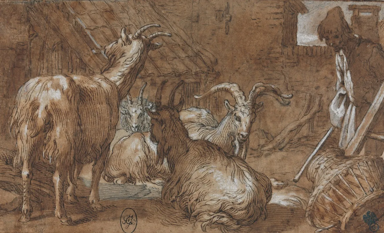 A Barnyard With Goats And A Goatherd