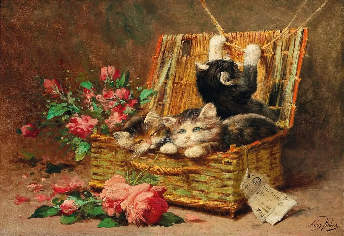A Basket Of Cats Wall Art by Léon Huber - High-Resolution Digital Print
