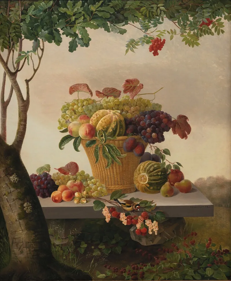 A Basket Of Fruit In A Landscape Wall Art by Christine Løvmand - High-Resolution Digital Print