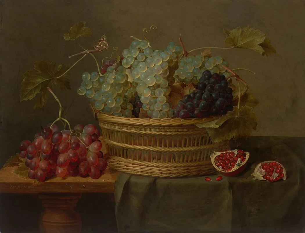 A Basket Of Grapes And A Pomegranate On A Table Wall Art by Jacob van Hulsdonck - High-Resolution Digital Print