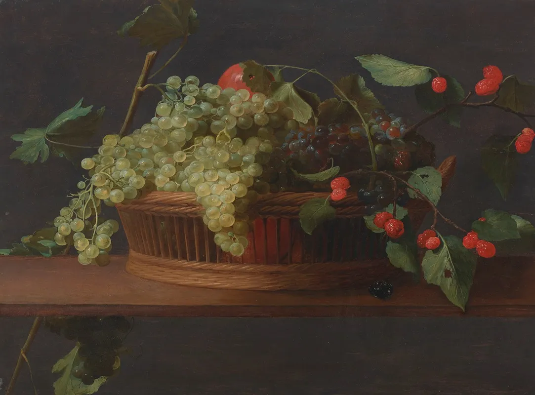 A Basket Of Grapes And Raspberries On A Ledge Oil On Panel Wall Art by Jacob Foppens van Es - High-Resolution Digital Print