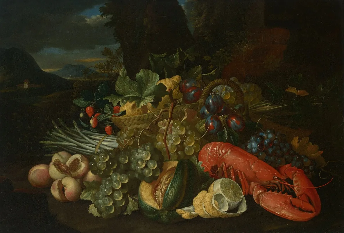 A Basket Of Lemons Asparagus Peaches A Melon Plums Grapes And Other Fruit With A Lobster In A Landscape Wall Art by Alexander Coosemans - High-Resolution Digital Print