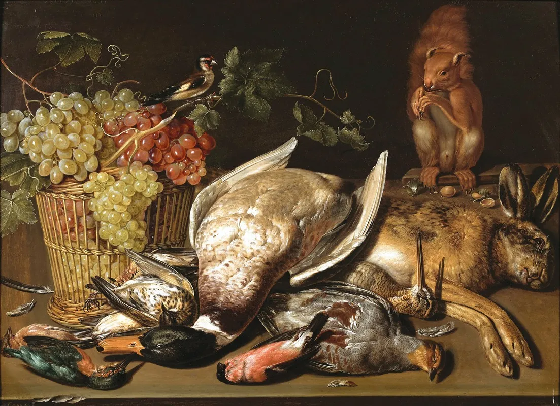 A Basket Of Red And Green Grapes A Goldfinch Game And A Squirrel On A Wooden Table Wall Art by Clara Peeters - High-Resolution Digital Print