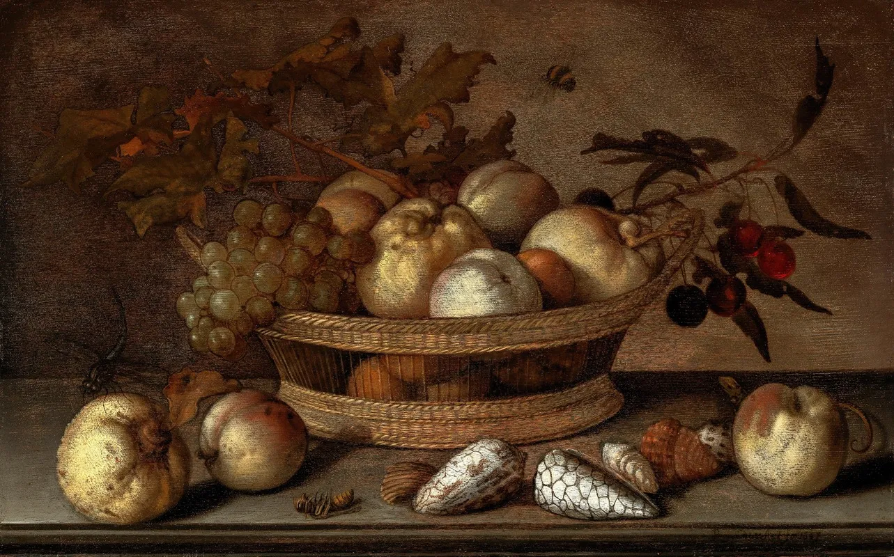 A Basket With Cherries Apples Peaches And A Bunch Of Grapes Surrounded By Apples Peaches Shells Bees And A Dragonfly 2 Wall Art by Balthasar van der Ast - High-Resolution Digital Print