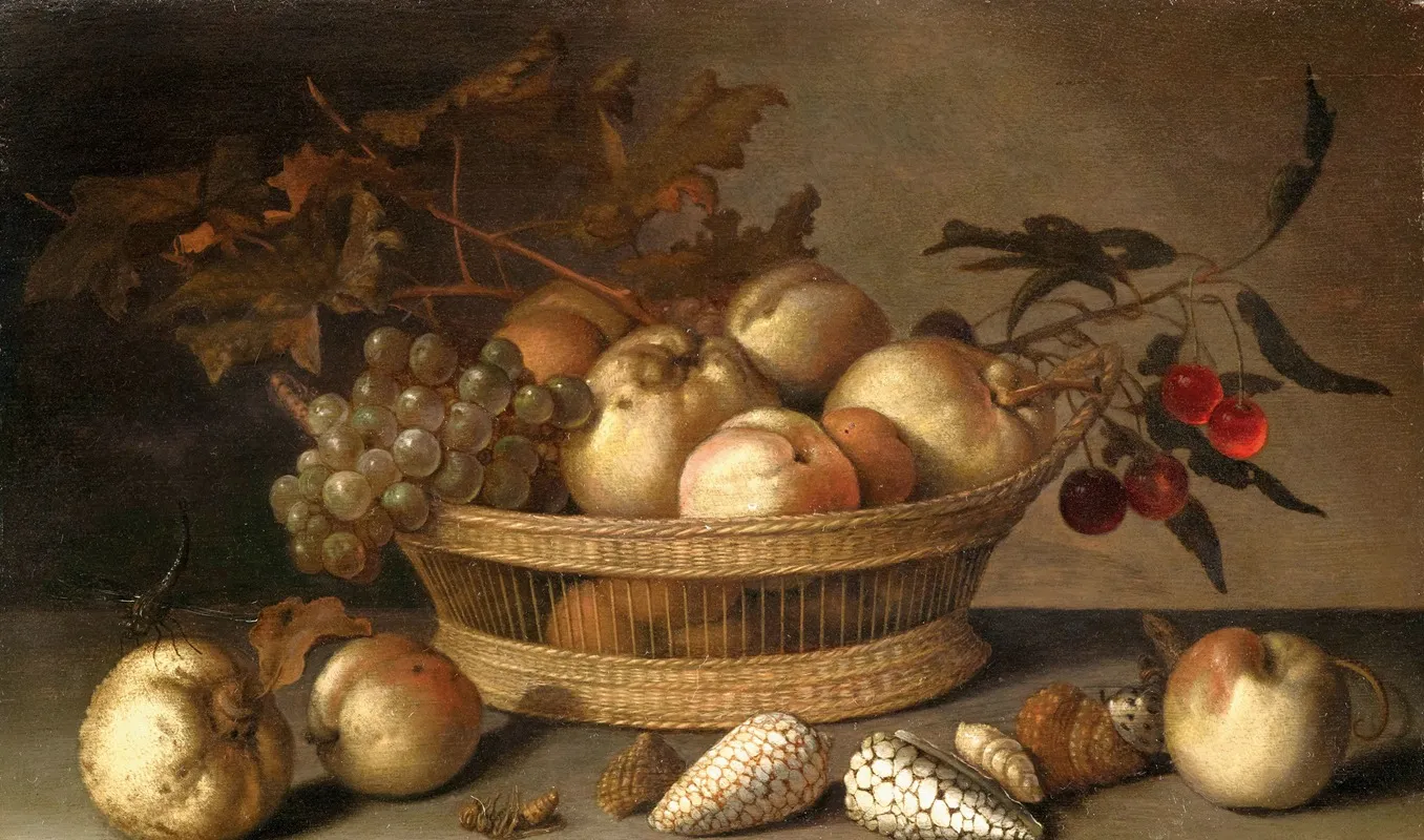 A Basket With Cherries Apples Peaches And A Bunch Of Grapes Surrounded By Apples Peaches Shells Bees And A Dragonfly Wall Art by Balthasar van der Ast - High-Resolution Digital Print