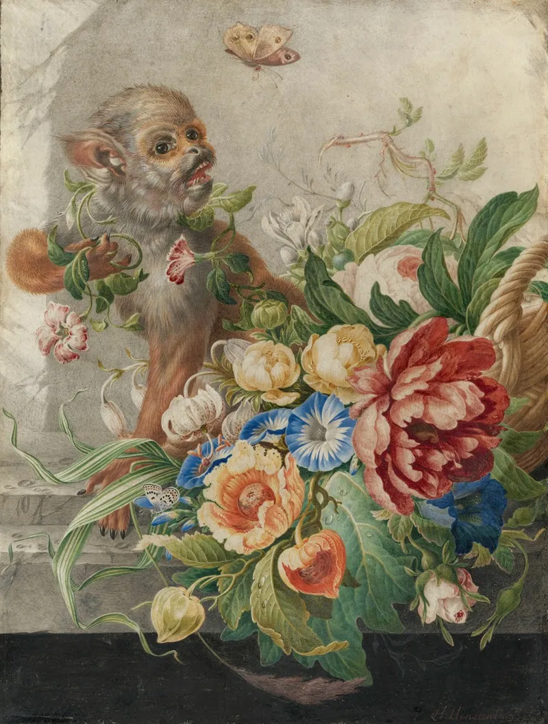 A Basket With Flowers In A Stone Niche With A Monkey And A Butterfly Wall Art by Herman Henstenburgh - High-Resolution Digital Print