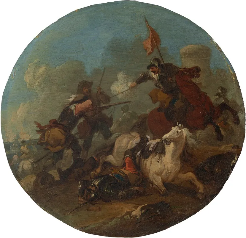 A Battle Scene With A Fallen Horse Wall Art by August Querfurt - High-Resolution Digital Print
