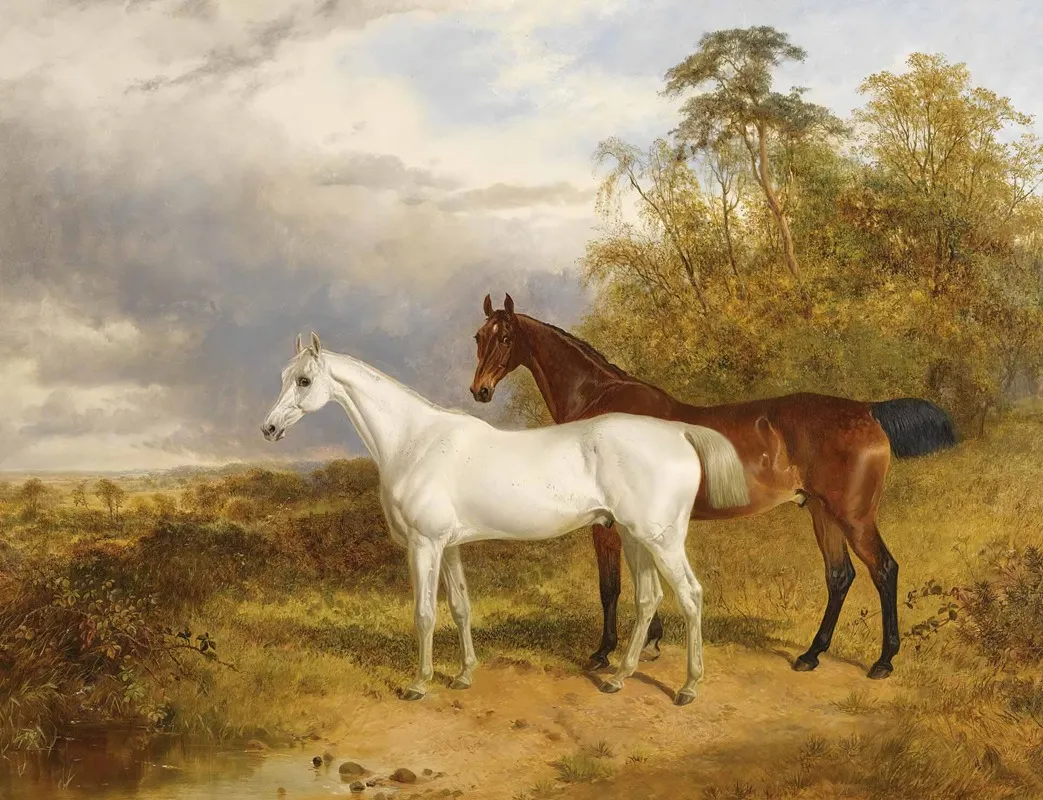 A Bay And Grey Horse In A Landscape Wall Art by James Walsham Baldock - High-Resolution Digital Print