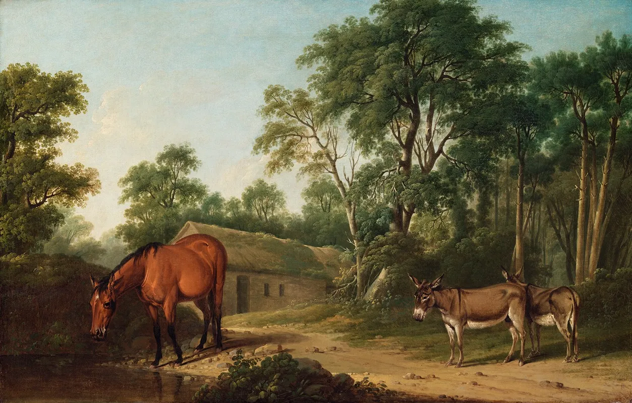 A Bay Horse And Two Donkeys Wall Art by Thomas Roberts - High-Resolution Digital Print