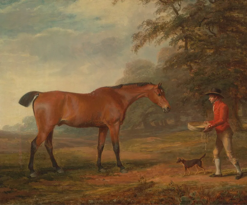 A Bay Horse Approached By A Stable Lad With Food And A Halter Wall Art by George Garrard - High-Resolution Digital Print