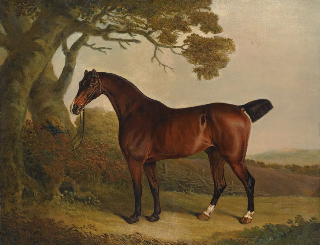 A Bay Horse Tethered To A Tree In A Landscape Wall Art by Thomas Weaver - High-Resolution Digital Print