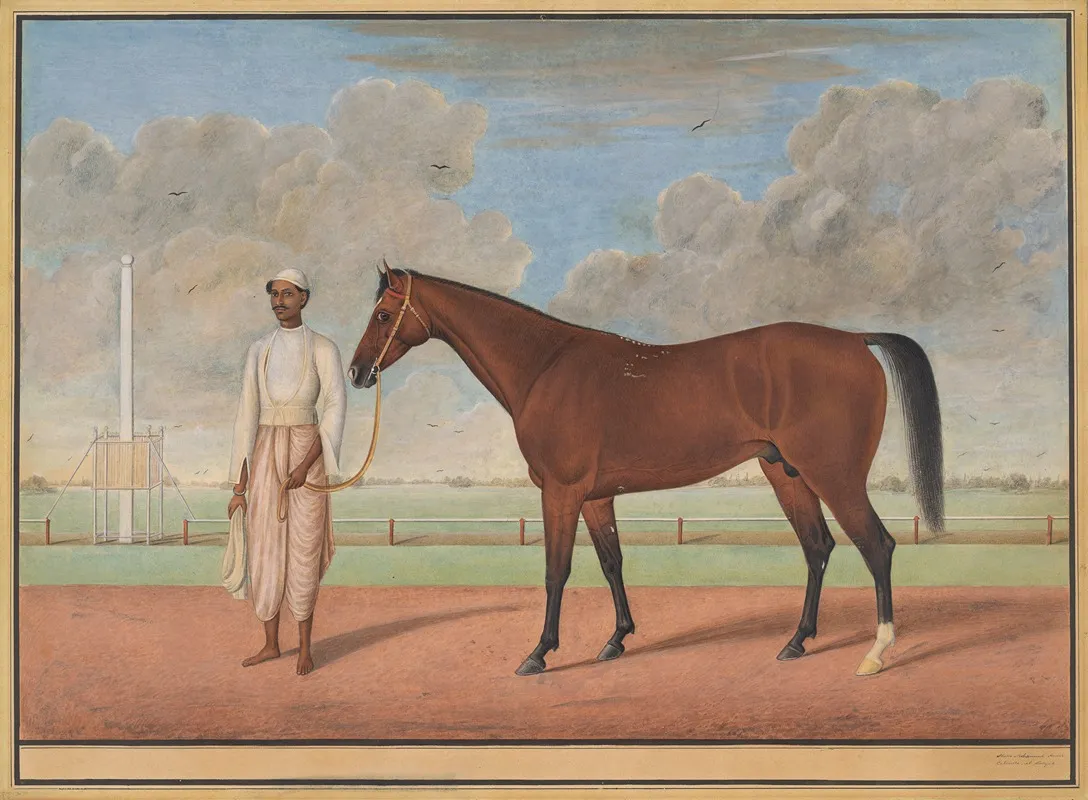 A Bay Racehorse With A Groom Wall Art by Shaykh Muhammad Amir of Karraya - High-Resolution Digital Print