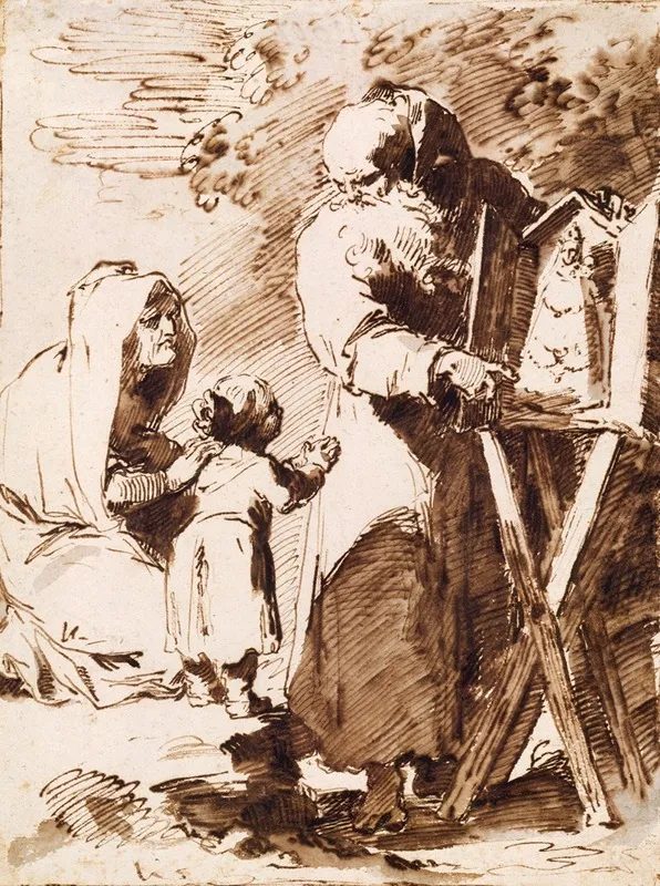A Bearded Monk Showing A Portable Altar To A Praying Child With An Old Woman Kneeling