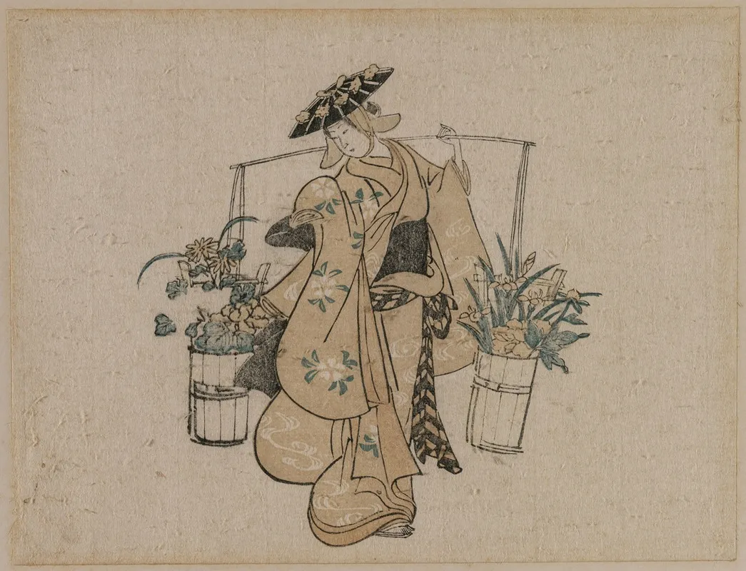 A Beauty Carrying Two Buckets Of Flowers Wall Art by Torii Kiyomasu - High-Resolution Digital Print