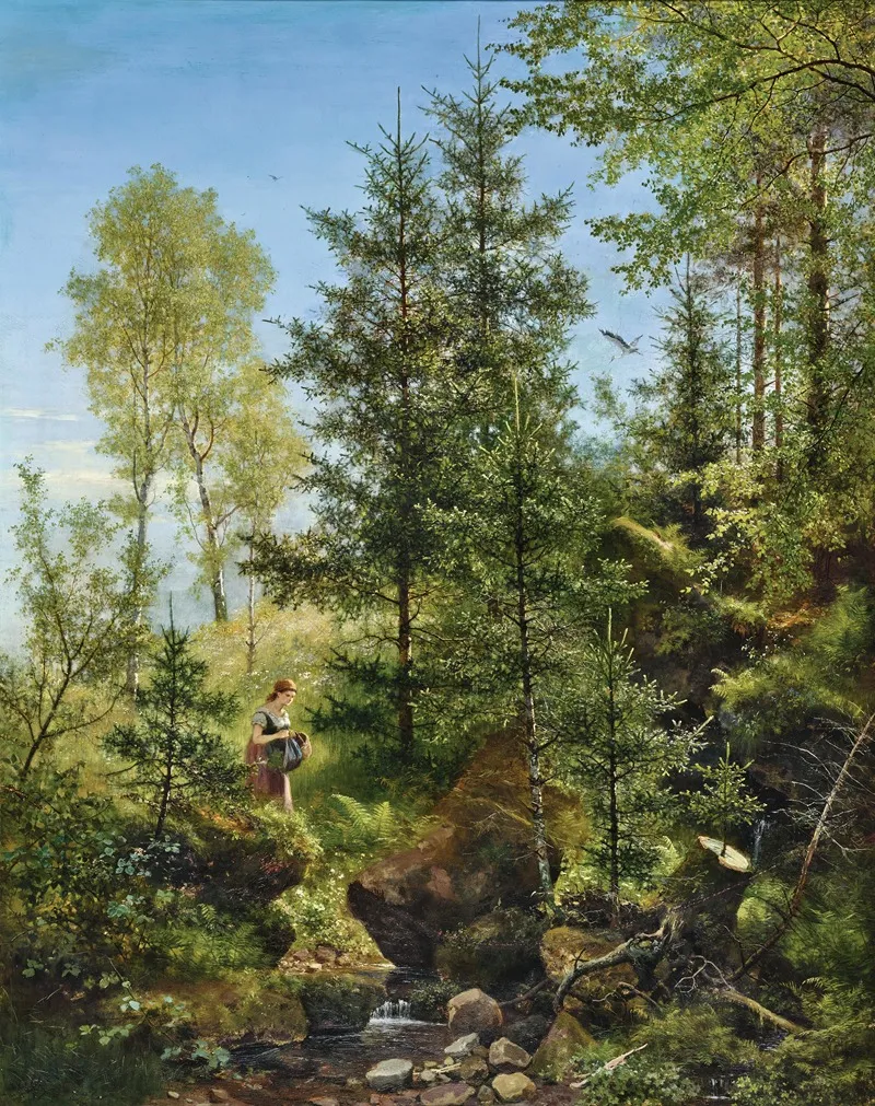 A Berry Picker By A Forest Brook A Stork Between The Trees