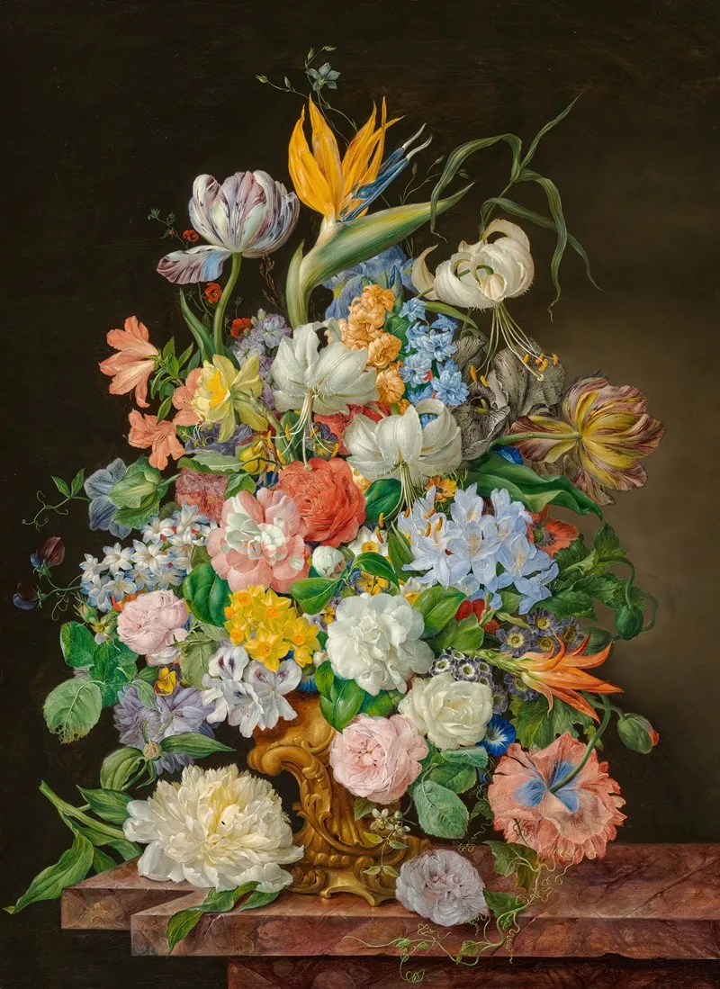 A Bird Of Paradise Roses Tulips And Other Flowers In A Gilt Bronze Vase On A Stone Ledge Wall Art by Franz Xaver Petter - High-Resolution Digital Print