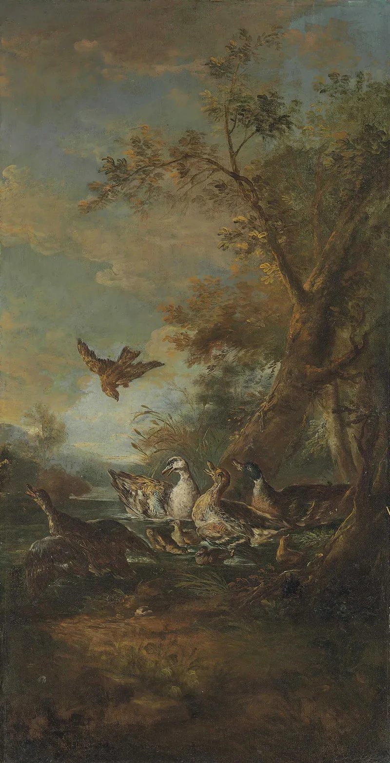 A Bird Of Prey Ducks And Ducklings In A Landscape Wall Art by Giovanni Crivelli - High-Resolution Digital Print