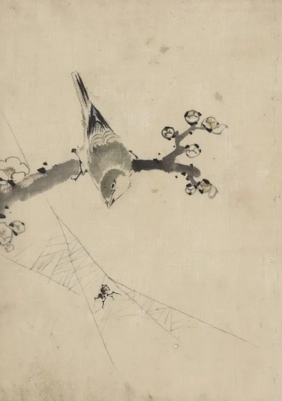 A Bird Perched On A Tree Branch With Blossoms Watching A Spider On A Web Wall Art by Katsushika Hokusai - High-Resolution Digital Print