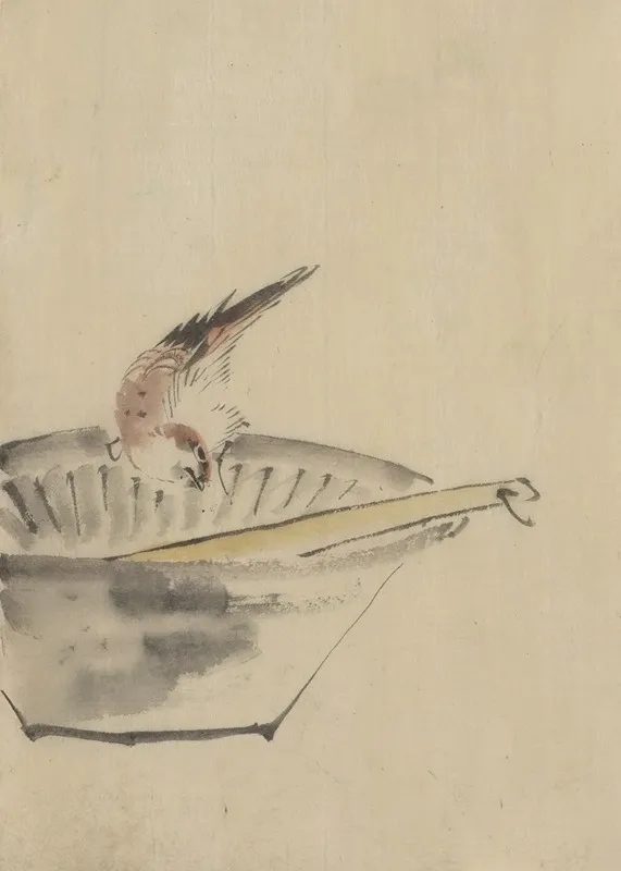 A Bird Perched On The Edge Of A Bowl With Head Cocked Looking At A Utensil In The Bowl Wall Art by Katsushika Hokusai - High-Resolution Digital Print