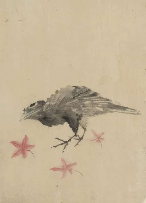 A Bird Possibly Crow Or Raven Facing Left Standing Among Leaves With Head Cocked As Though Looking Closely Or Listening Wall Art by Katsushika Hokusai - High-Resolution Digital Print