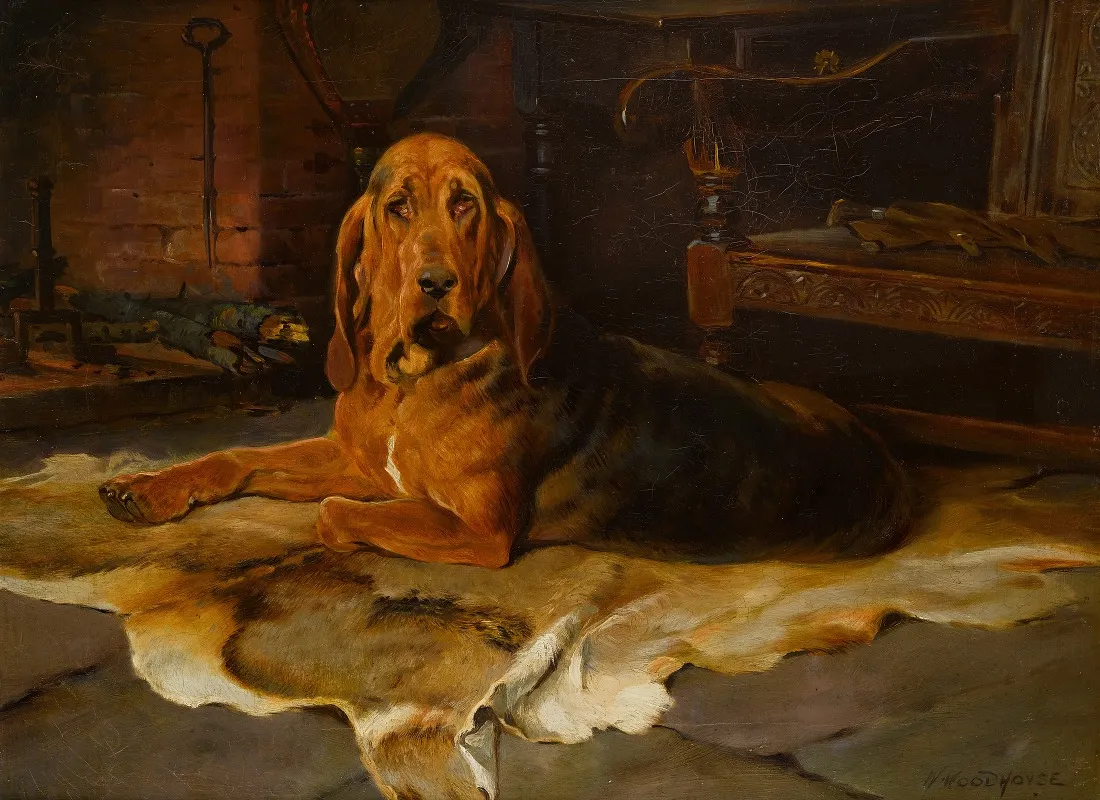 A Bloodhound By The Fireside Wall Art by William Woodhouse - High-Resolution Digital Print
