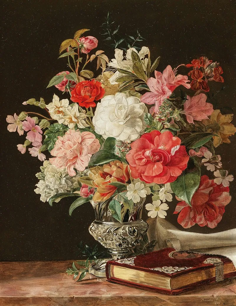 A Bouquet Of Flowers With Camellias In A Silver Vase Wall Art by Rosalia Amon - High-Resolution Digital Print
