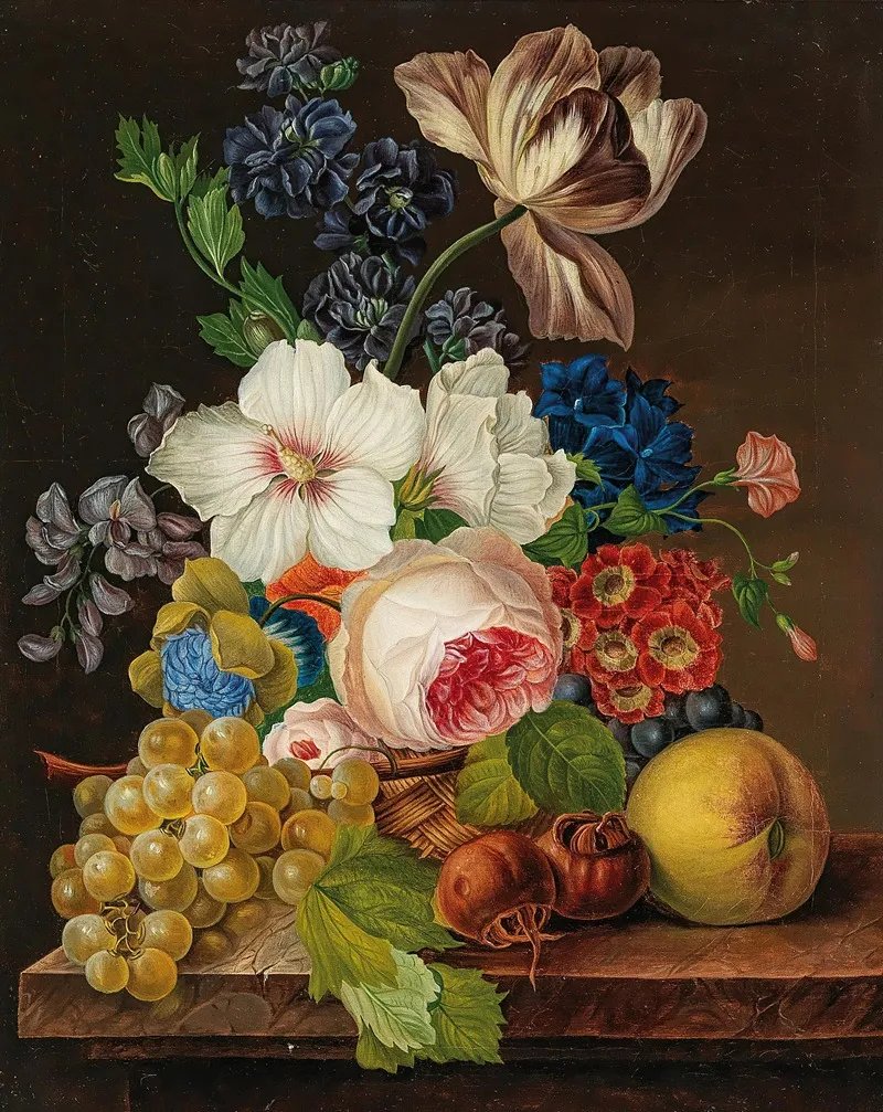 A Bouquet Of Flowers With Grapes And Medlars