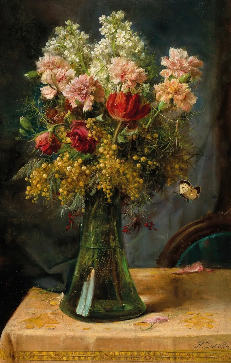 A Bouquet Of Flowers With Tulips And Carnations In A Glass Vase With Butterfly Wall Art by Hans Zatzka - High-Resolution Digital Print