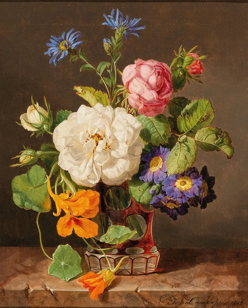 A Bouquet Of Flowers With White And Red Roses Primroses And Nasturtium Wall Art by Josef Lauer - High-Resolution Digital Print