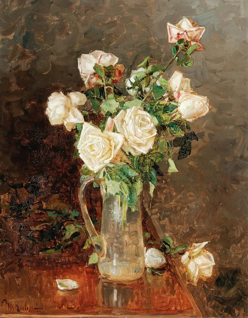 A Bouquet Of Roses In A Glass Ewer Wall Art by Yuliy Yulevich Klever the Younger - High-Resolution Digital Print