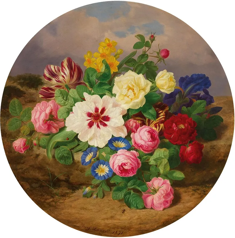 A Bouquet Of Roses Tulips And Narcissus On Sandy Ground Wall Art by Josef Lauer - High-Resolution Digital Print