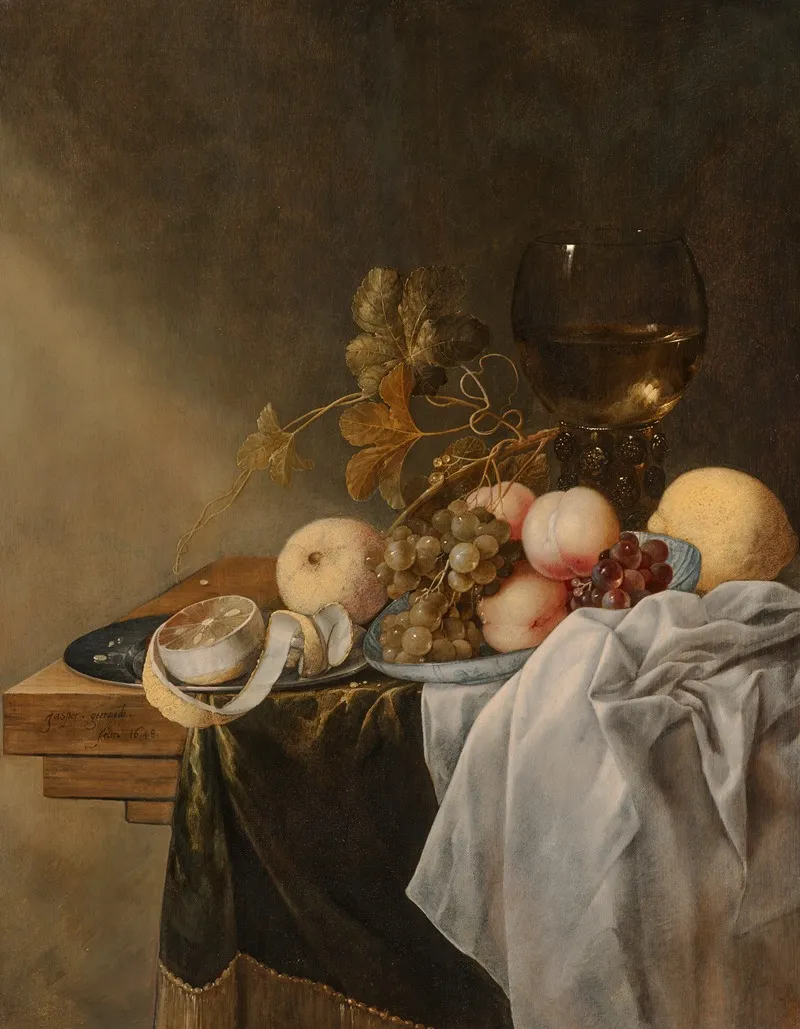 A Bowl Of Peaches And Grapes With A Roemer And A Peeled Lemon Wall Art by Jasper Geeraerts - High-Resolution Digital Print