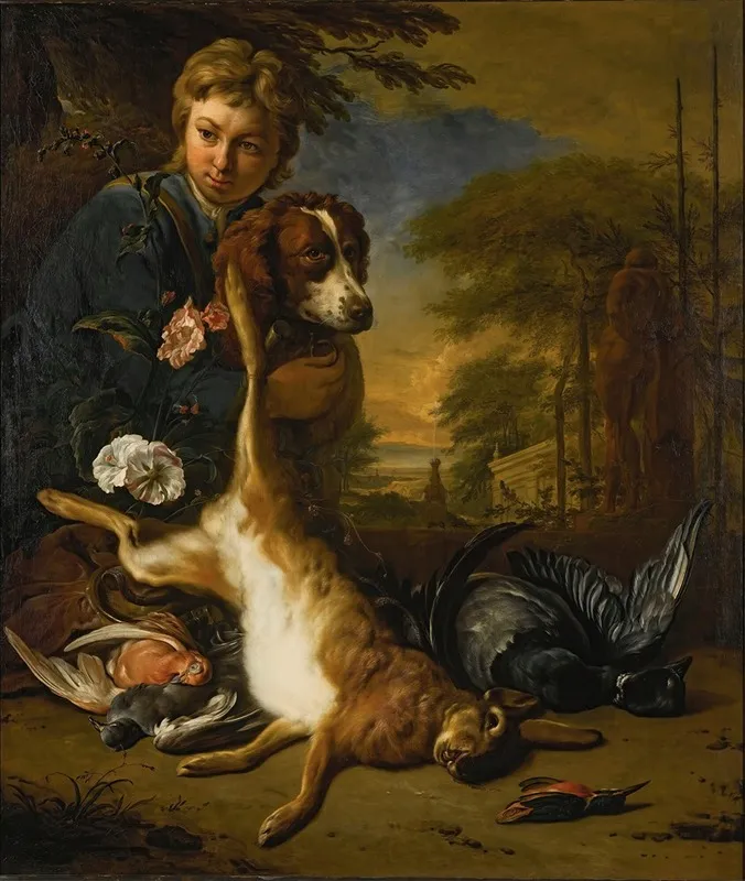 A Boy And A Dog With A Still Life Of Game In A Park Landscape Wall Art by Jan Weenix - High-Resolution Digital Print