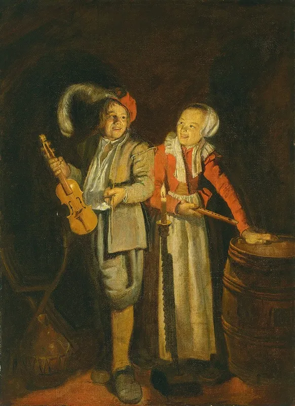 A Boy And A Girl Playing Music By Candlelight Wall Art by Jan Miense Molenaer - High-Resolution Digital Print