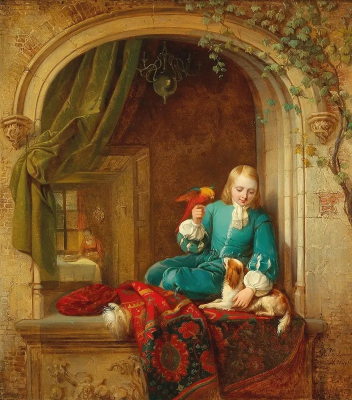 A Boy At The Window With Small Dog And Parrot Wall Art by Alexis Van Hamme - High-Resolution Digital Print