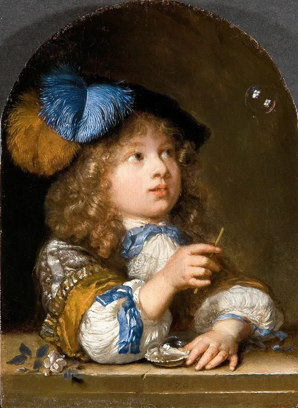 A Boy Blowings Bubbles Wall Art by Caspar Netscher - High-Resolution Digital Print