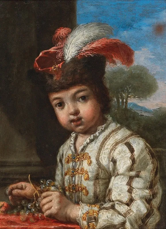 A Boy Half Length Holding Grapes A Landscape Beyond Wall Art by Antonio Mercurio Amorosi - High-Resolution Digital Print